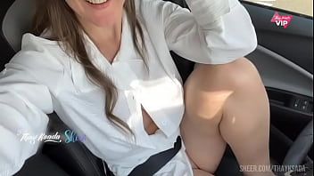 Preview 2 of Blindfolded Fucks Intruder - Masturbating in the car in the middle of the street and letting a stranger see