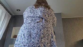 Preview 1 of Girl And Animals Sexy Movies - Young mommy fucks while cleaning in short sexy robe while her husband is not at home