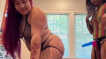 Preview 2 of Mature Woman Lesbian Strapon - Lightskin bbw gets strapped on girls trip missing some dick