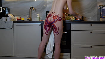 Preview 3 of Allura Jenson Fuck Son - Naked housewife with octopus tattoo on ass cooks dinner on kitchen and ignores you