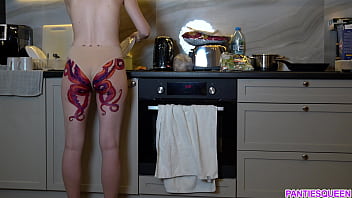 Preview 1 of Allura Jenson Fuck Son - Naked housewife with octopus tattoo on ass cooks dinner on kitchen and ignores you