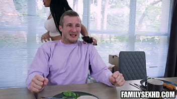 Preview 1 of Anya Ivy Lesbian - Sneaky stepdaughter sucking stepdad next to unaware stepmom