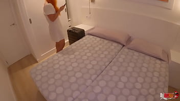 Preview 1 of Strapon Teen College - Stepmother and stepson share a bed in a hotel room. Stepmom with a beautiful ass excited her stepson and the stepson fucked his stepmom and cum in her pussy