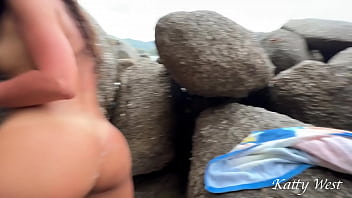 Preview 4 of Lesbian Sucking Milk Tit - Public sex on the beach with slim beauty in oil