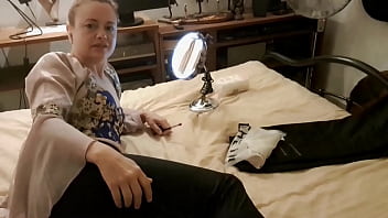 Preview 1 of Caterina Halili - 1462 - Amateur Slut,  sexually dressed in Blue,  Laced,  Cotton Corset,  Black Leather Pants,  White Satin Thong,  Stockings and High-Heels,  Blowjob,  Rimming,  Dildo Masturbation,  Doggystyle Fucking,  Dirty Talk