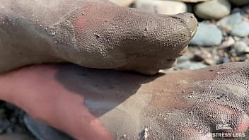 Preview 2 of Beatiful Grils Big - Goddess shows you her messy nylon feet close ups in torn pantyhose on the river bank