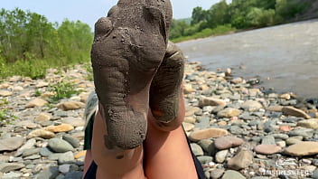 Preview 3 of Beatiful Grils Big - Goddess shows you her messy nylon feet close ups in torn pantyhose on the river bank