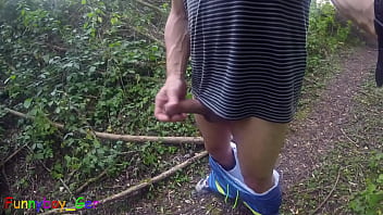 Preview 2 of Wife Rims My Boss Video - At the lake: Walking and jerking off,  with my swimming trunks down