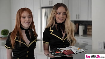 Preview 2 of Son Bad Mom - Two amazing teen attendants Madi Collins and hot babe Maria Kazi sucking stepbros cock before they flew on it