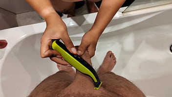 Preview 2 of Litl Girl First Tim - The new job of my sexy wife. Helps to shave penis and give handjob