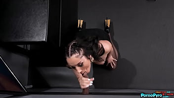 Preview 4 of Punjabi Xxx School - Cute Brunette In Black Stockings &amp_ Lingerie Jazmin Luv Sucks A BBC Through Gloryhole