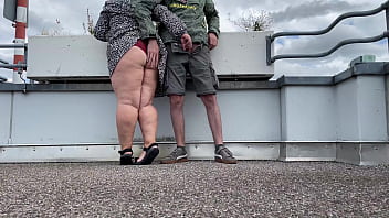 Preview 3 of Chaude Coquine Au Lit - Spanking a sexy MILF&#039_s gorgeous fat ass while she jerks off my cock on the top of the parking lot
