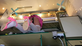 Preview 1 of Old Drunk Mom - Pretty brunette teen in pink skirt and white stockings voyeur upskirt at work