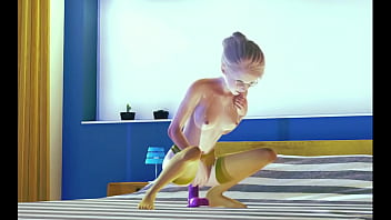 Preview 3 of Barely Legal Long Hair Gold - Teen stocking Solo Masturbation 3D
