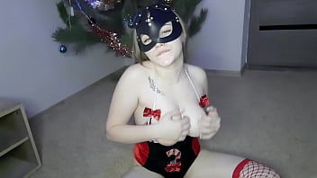 Preview 1 of Big Tits Massage Room - Masked Beauty Playfully Jerks Her Tight Vagina Under the Christmas Tree
