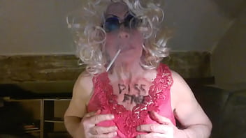 Preview 1 of Cam4 Japan Gay - Sissy cum dumpster,  Sarah Millward,  smokes,  wanks,  inserts 8 inch,  black dildo - what a total fag slut whore