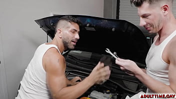 Preview 1 of Japanese Students Oil Massage - Hunk mechanics Adam Ramzi and Jordan Starr are greasy and sweaty and get playful with each other kissing passionately and fucking wildly in the garage