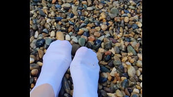 Preview 2 of Sanny Laone Video Sxe Move - Playing with my feet in white socks with pebbles on the beach
