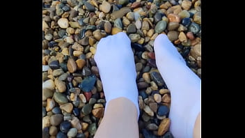 Preview 3 of Sanny Laone Video Sxe Move - Playing with my feet in white socks with pebbles on the beach