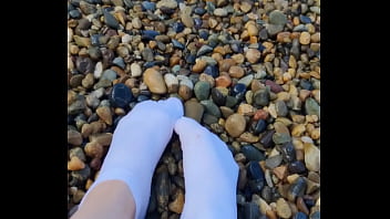 Preview 1 of Sanny Laone Video Sxe Move - Playing with my feet in white socks with pebbles on the beach