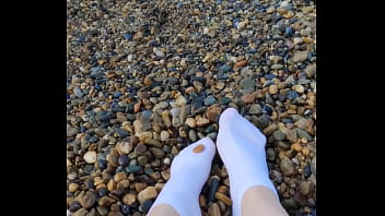 Preview 4 of Sanny Laone Video Sxe Move - Playing with my feet in white socks with pebbles on the beach