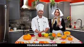 Preview 1 of In The Dining Room - Chef Nicky Rebel prepares and stuffs his assistant Khloe Kapri&#039_s wet pinkish asshole during the show.