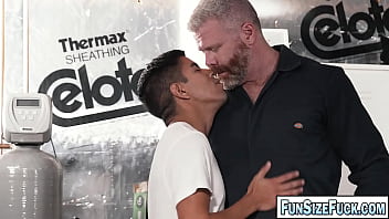 Preview 1 of Bra Sexxx - Hairy big guy Cain Marko is at the basement when petite Milo Miles came and give him a good blowjob. This small guy looks very hungry for a hairy dick