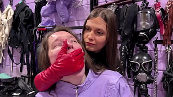 Preview 4 of Black Busty Stepmom - Faceslapping and hand over mouth in red long leather gloves