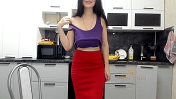 Preview 1 of Indian Sexi Moveis - Sexy horny brunette MILF strips down and exposes her hairy pussy and ass in the kitchen for a young lover / Angela-MILF