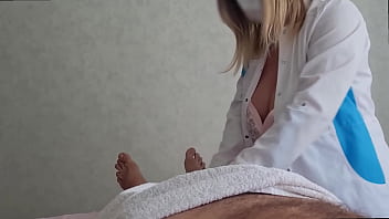 Preview 1 of Mom Satisfies Teenaged Boy - A beautiful masseuse doctor with big tits was surprised when her client&#039_s cock got aroused and she saw an erection