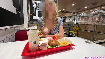 Preview 1 of Kirie Safe Xxx Video - Hot blonde flashes and masturbates big pumped pussy in public restaurant