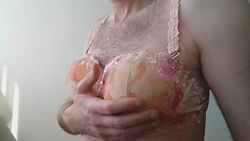 Preview 2 of Satin Stripshow6 - Crossdresser jerks in a Lingadore Thong and Bra.