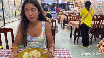 Preview 1 of Haryana Blue Film - Katty eats lunch in an Asian cafe without panties and flashing pussy in public
