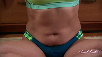Preview 1 of Sauna Men Voyeur - Stepmom wants her stepson to join while she masturbates