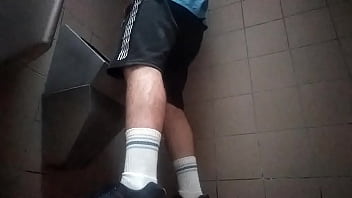 Preview 1 of Riley Steele Interracial - Young guy peeing in a public toilet