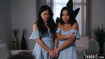 Preview 3 of Race Queen Bath Room - Asian teen step daughter twins share step dad his big cock