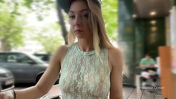 Preview 1 of Bhai Bahan In Urdu Speaking - She cum outdoor with risky Public masturbation in cafe on the busy street. Transparent top,  no panties,  upskirt.