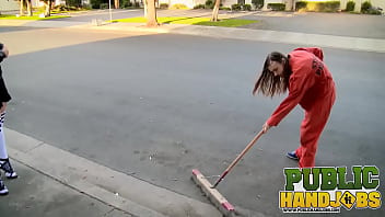 Preview 1 of Bolewod Ki - PUBLIC HANDJOBS Naughty cop Sarah Vandella jerks prisoner&#039_s cock for messy facial