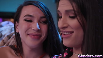 Preview 1 of Varjin Garl Sexsi - Trans Kasey Kei and Zariah Aura love fucking each other. Two sexy transgenders are watching some movie,  but when Kasey accidentally touch Zariah&#039_s dick they got horny and kissing