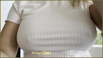 Preview 1 of Katarina Hartlova - Wife jumping on mini tramp braless in tight white shirt