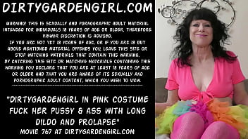 Preview 1 of Boy Myadamsex - Dirtygardengirl in pink costume fuck her pussy &amp_ ass with long dildo and prolapse