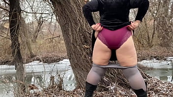 Preview 3 of Poren Hob - Mother-in-law in white pantyhoses and big panties pees outdoors