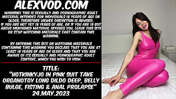 Preview 1 of Stop Request - Hotkinkyjo in pink suit take Organotoy long dildo deep,  belly bulge,  fisting &amp_ anal prolapse (Sample)