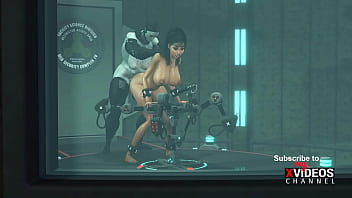 Preview 4 of El Oso Ted - Hot futanari sex android with many boobs plays with a young horny hottie in the sci-fi lab
