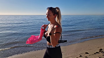 Preview 2 of Short Lesbian Horney Videos - Milf is having a morning walk at the beach and she needs to take her bra off