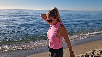 Preview 4 of Short Lesbian Horney Videos - Milf is having a morning walk at the beach and she needs to take her bra off