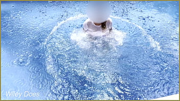 Preview 1 of School Xxxviteos - Amazing wife in Wet T-shirt in the hotel Pool | Risky public exhibitionist