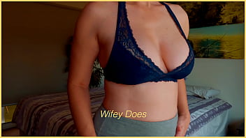 Preview 2 of Fit Boyfriend - MILF hot lingerie. Big tits in blue lace bra
