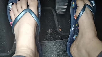 Preview 1 of My Son Sxey In Mom - Sweaty feet in really tasty flip flops pedal pumping on the pedals of the car