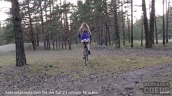 Preview 1 of Old Man Penis Big - skinny areana fox riding a bicycle nude outdoors in a forest and masturbating
